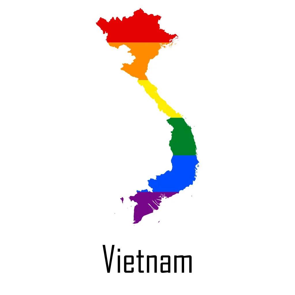 Silhouette de la carte du Vietnam remplie d’un dégradé arc-en-ciel, sous le mot « Vietnam »