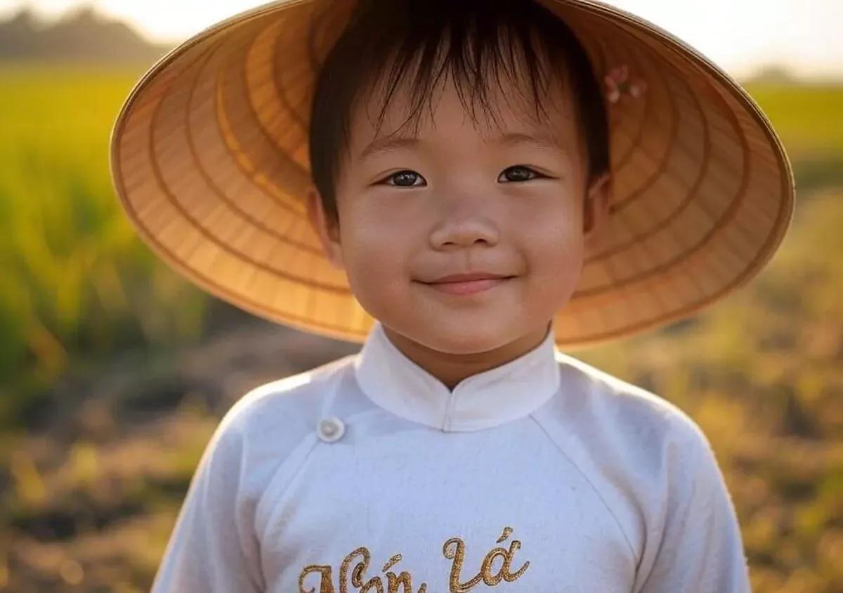 Portrait d’un jeune enfant souriant sous un chapeau conique, dans un champ au soleil couchant