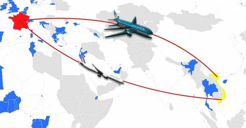 Carte du monde stylisée reliant l’Europe au Vietnam par une trajectoire d’avion