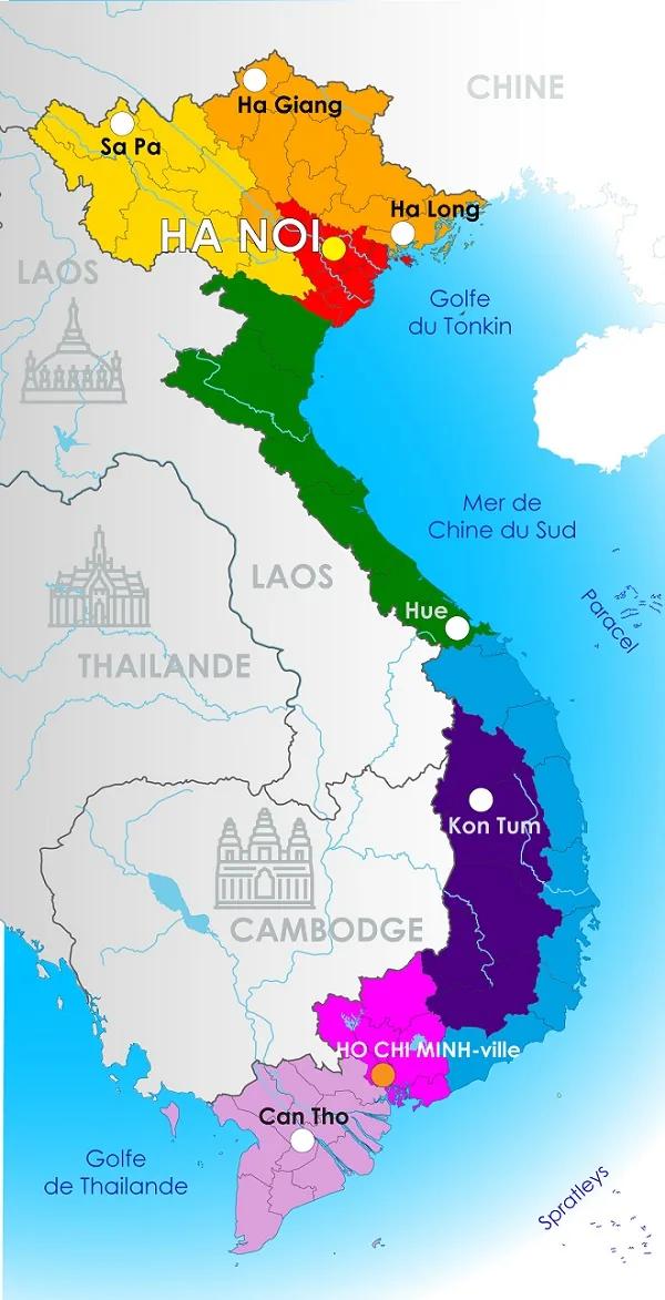Carte du Vietnam en couleurs, principales villes et pays voisins situés